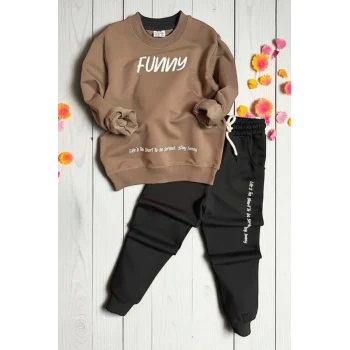 Funny (Eğlenceli) Yazı Desenli Kahverengi Erkek Çocuk Eşofman Takım