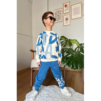 Harf Desenli Mavi Renk Erkek Çocuk Eşofman Takım