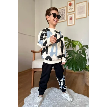 Harf Desenli Siyah Renk Erkek Çocuk Eşofman Takım