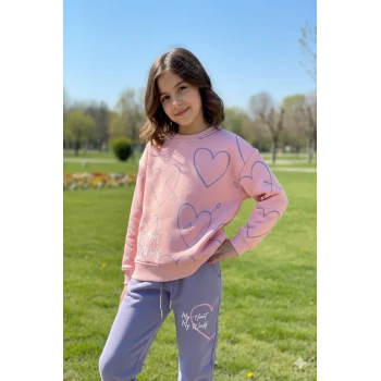 Kalp Desenli Pembe Renk 3 İplik Kız Çocuk Takım