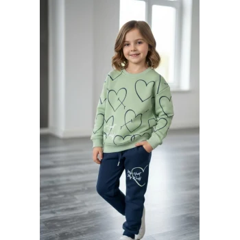 Kalp Desenli Yeşil Renk 3 İplik Kız Çocuk Takım