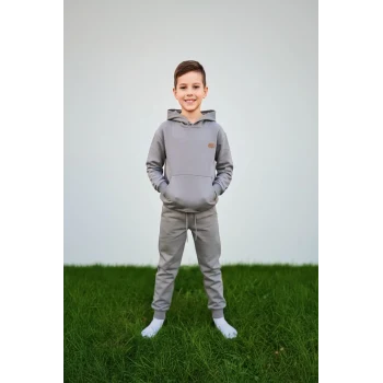 Kapüşonlu ve Kanguru Cepli Gri Renk Erkek Çocuk Eşofman Takım