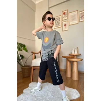 Kartal Desenli Gri Renk Erkek Çocuk Şortlu Takım