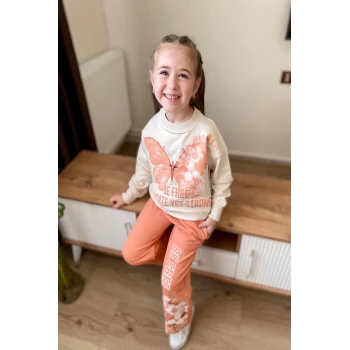Kelebek Desenli Turuncu Renk Kız Çocuk Takım