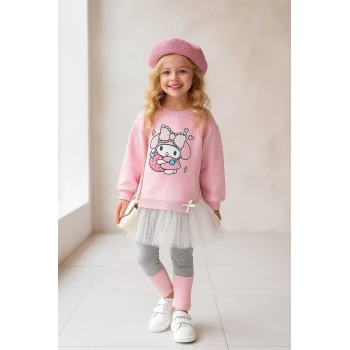 Kuromi Desenli Tütü Detaylı Pembe Renk Kız Çocuk Taytlı Takım