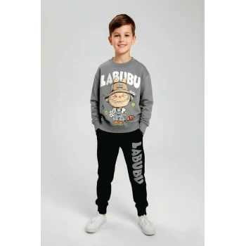 Labubu Desenli Erkek Çocuk Gri Renk Eşofman Takım
