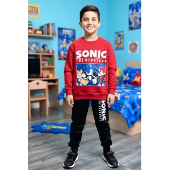Sonic Desenli Kırmızı Renk Erkek Çocuk Eşofman Takım