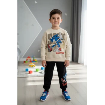 Sonic Desenli Krem Renk Erkek Çocuk Eşofman Takım