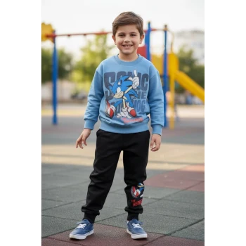 Sonic Desenli Mavi Renk Erkek Çocuk Eşofman Takım