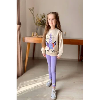 Unicorn Desenli Kız Çocuk Lila Renk Taytlı Takım