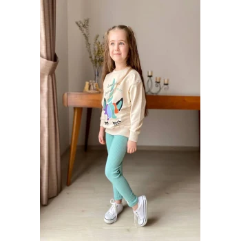Unicorn Desenli Kız Çocuk Yeşil Renk Taytlı Takım