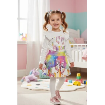 Unicorn Desenli Renkli Kız Çocuk Etekli Takım