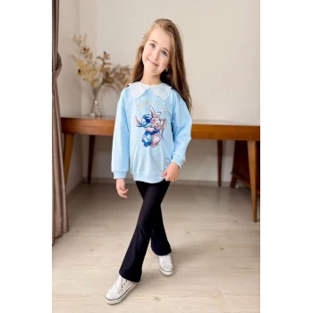 Yaka Detaylı Stitch Desenli Mavi Renk Kız Çocuk Takım