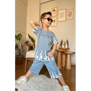 Yeni Sezon Alev Desenli Mavi Renk Erkek Çocuk Şortlu Takım