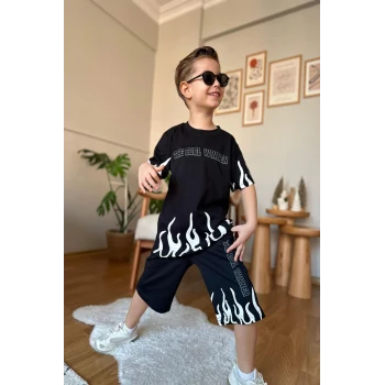 Yeni Sezon Alev Desenli Siyah Renk Erkek Çocuk Şortlu Takım