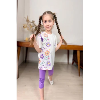 Yeni Sezon Çiçek Desenli Lila Renk Kapri Taytlı Kız Çocuk Takım