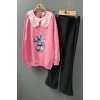 Yaka Detaylı Stitch Desenli Pembe Renk Kız Çocuk Takım