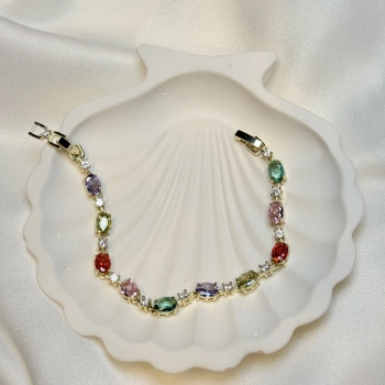 Gold Rengi Renkli Oval Zirkon Taşlı Kadın Bileklik