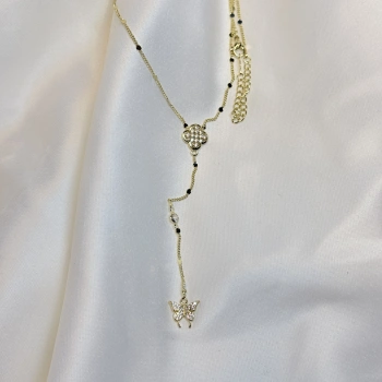 Gold Rengi Pul Desenli Yonca Ucu Kelebek Detaylı Kadın Y Kolye