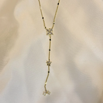 Gold Rengi Pul Desenli Taşlı Yıldız Detaylı Gurmet Zincir Kadın Y Kolye