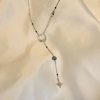 Pul Detaylı Gurmet Zincirli Taşlı Kalp ve Yıldız Detaylı Kadın Y Kolye