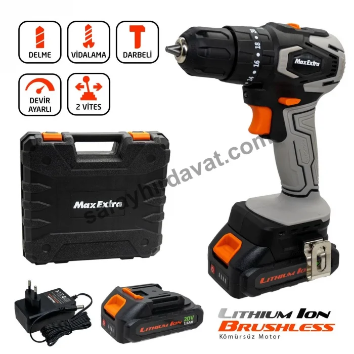Max Extra MX1830 Darbeli Şarjlı Matkap (Çift Akülü)