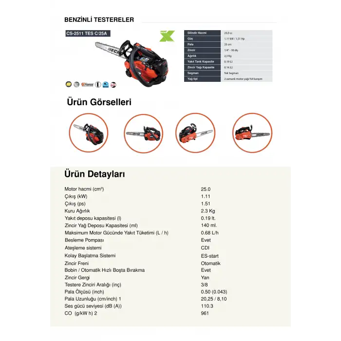 Echo CS2511 Tes-C İnce Pala Motorlu Budama Testeresi