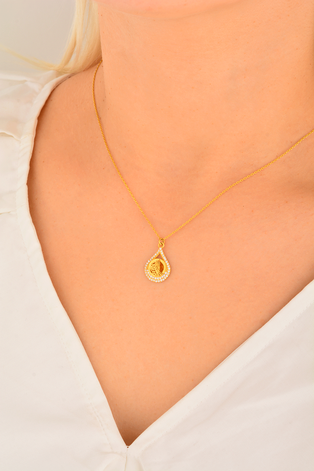 Cebeci 14 Ayar Tuğralı Damla Altın Kolye