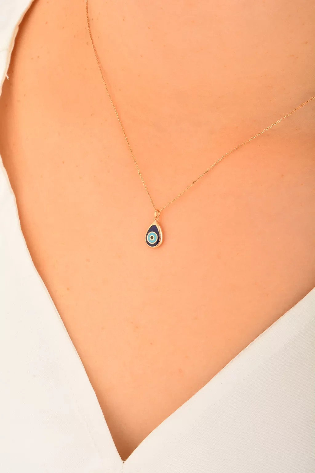 Cebeci 14 Ayar Damla Nazar Boncuklu Rose Altın Kolye