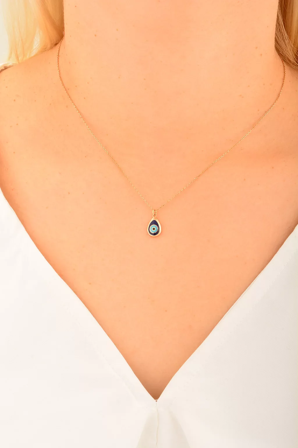 Cebeci 14 Ayar Damla Nazar Boncuklu Rose Altın Kolye