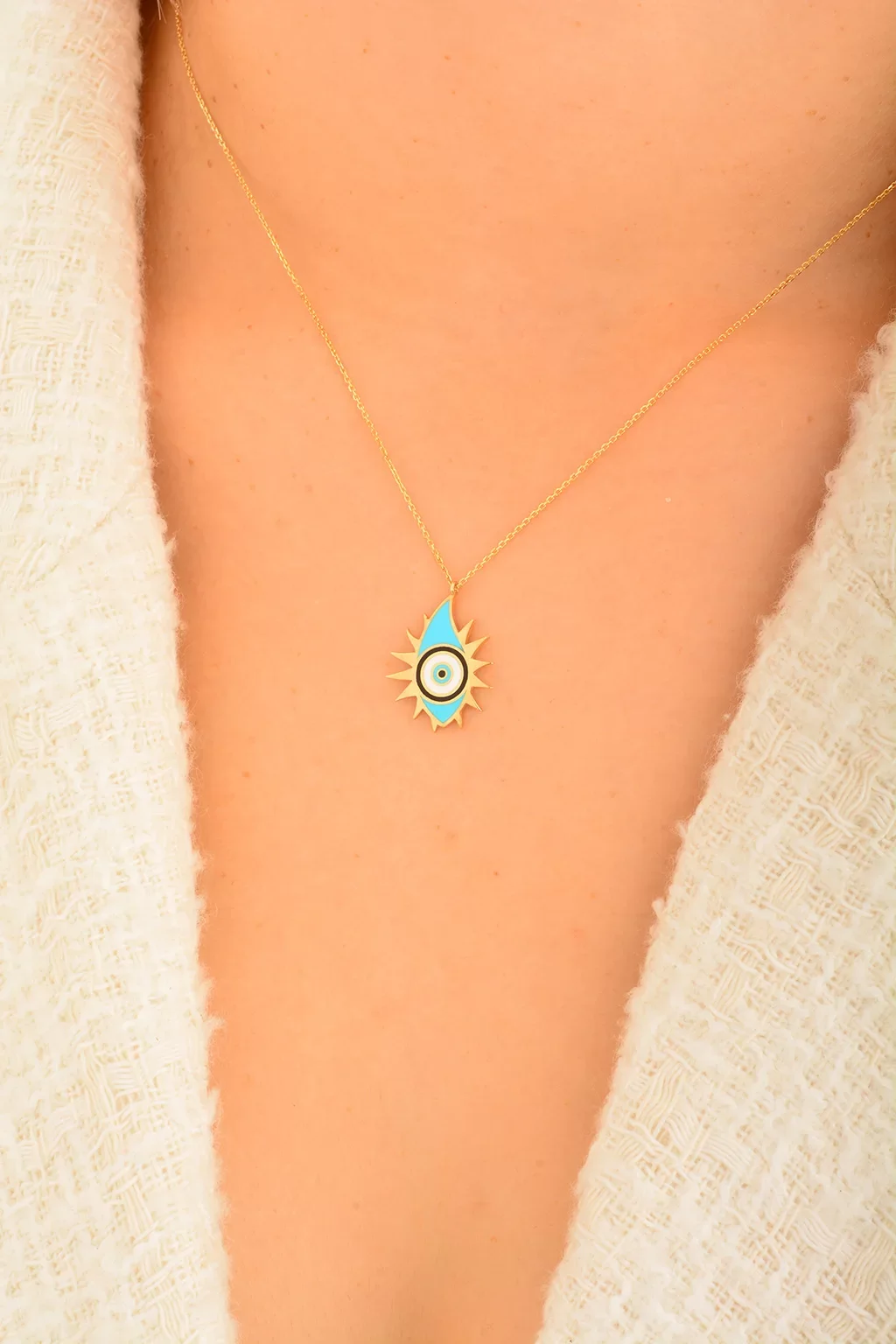 Cebeci 14 Ayar Güneş Nazar Boncuğu Altın Kolye