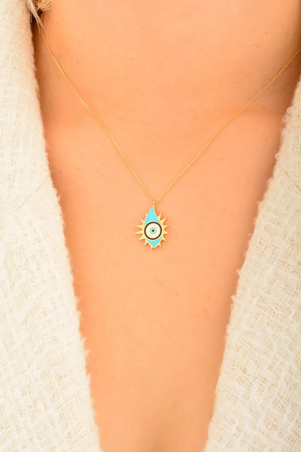 Cebeci 14 Ayar Güneş Nazar Boncuğu Altın Kolye