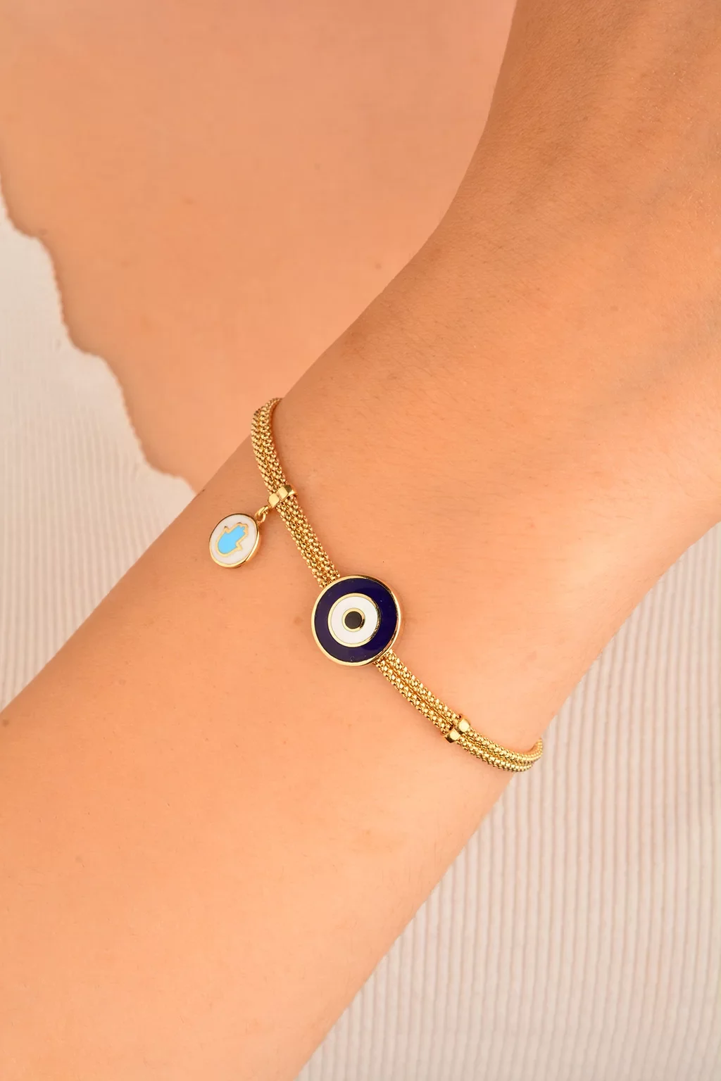 Cebeci 14 Ayar Hasır Zincir Nazarlı Altın Bileklik