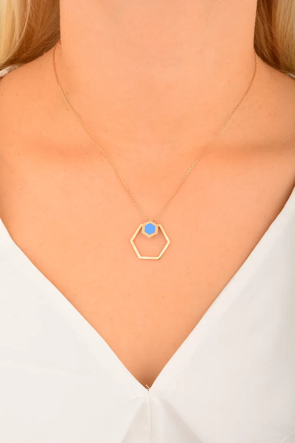 Cebeci 14 Ayar Mavi Altıgen Rose Altın Kolye
