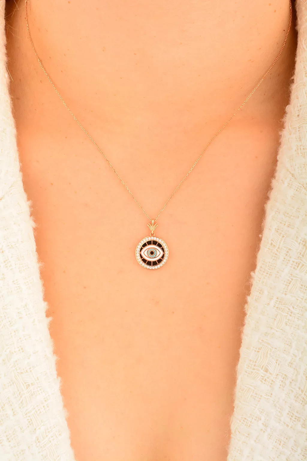 Cebeci 14 Ayar Mavi Göz Altın Kolye