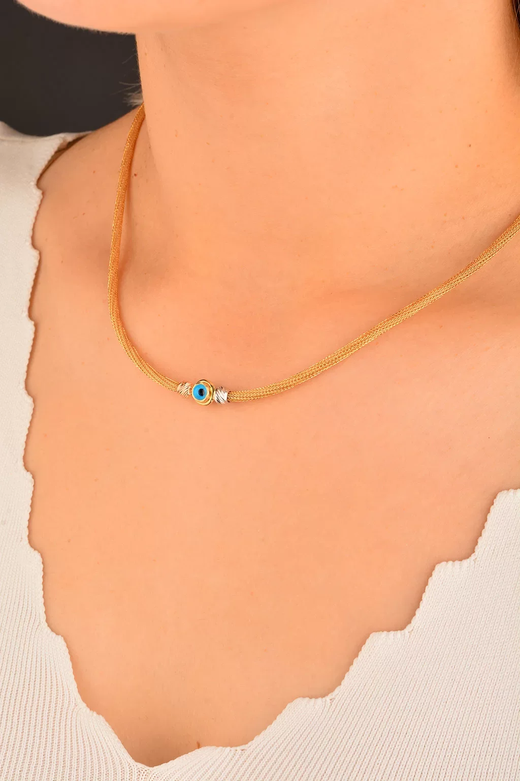 Cebeci 14 Ayar Nazarlı Hasır İp Altın Kolye