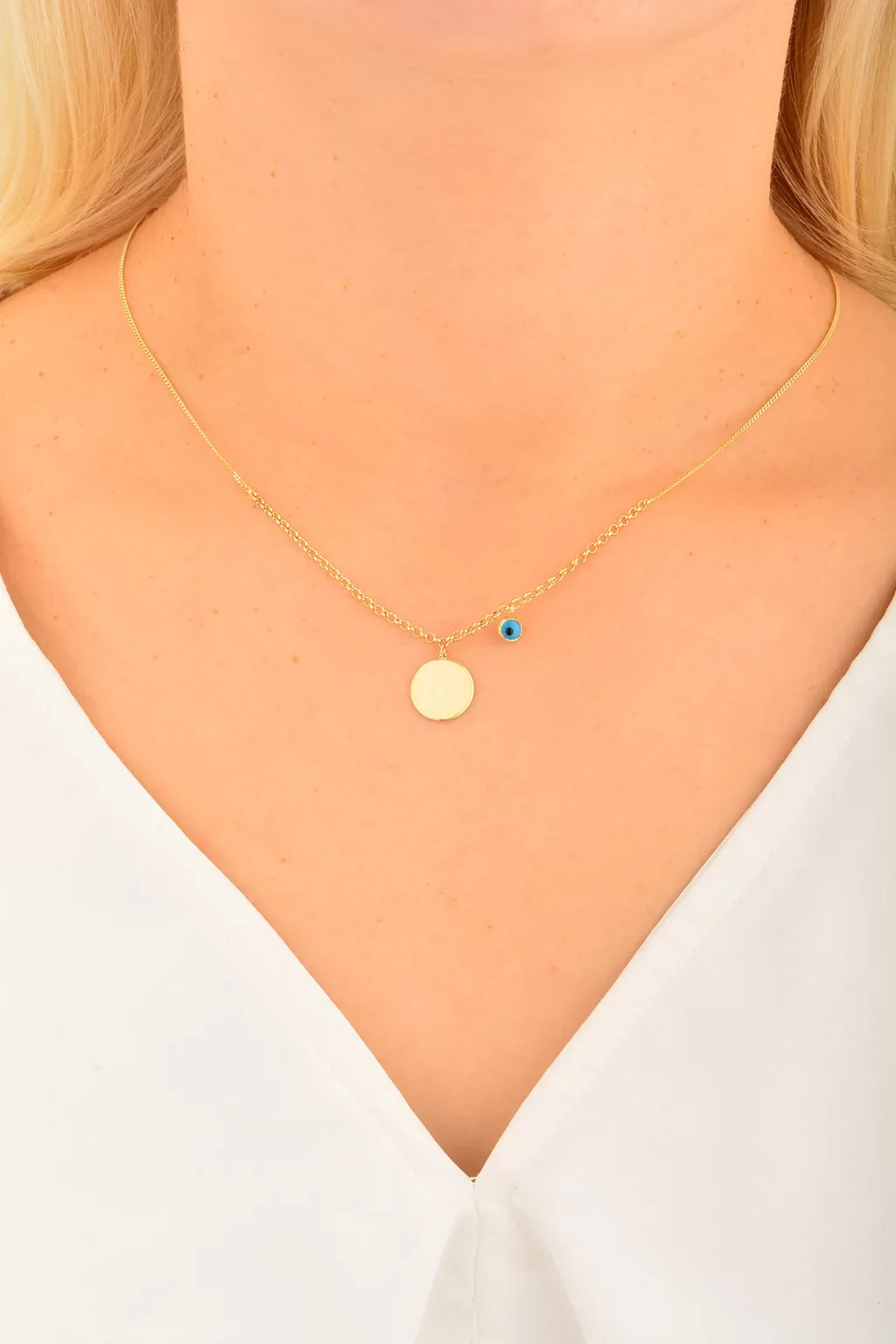 Cebeci 14 Ayar Nazarlı Plaka Altın Kolye