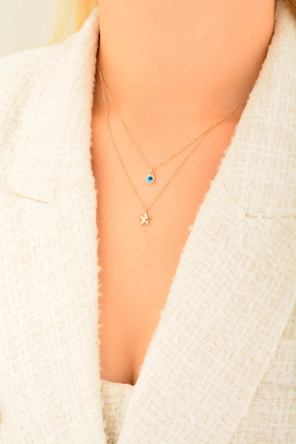 Cebeci 14 Ayar Rose Yıldız Göz Boncuklu Altın Kolye