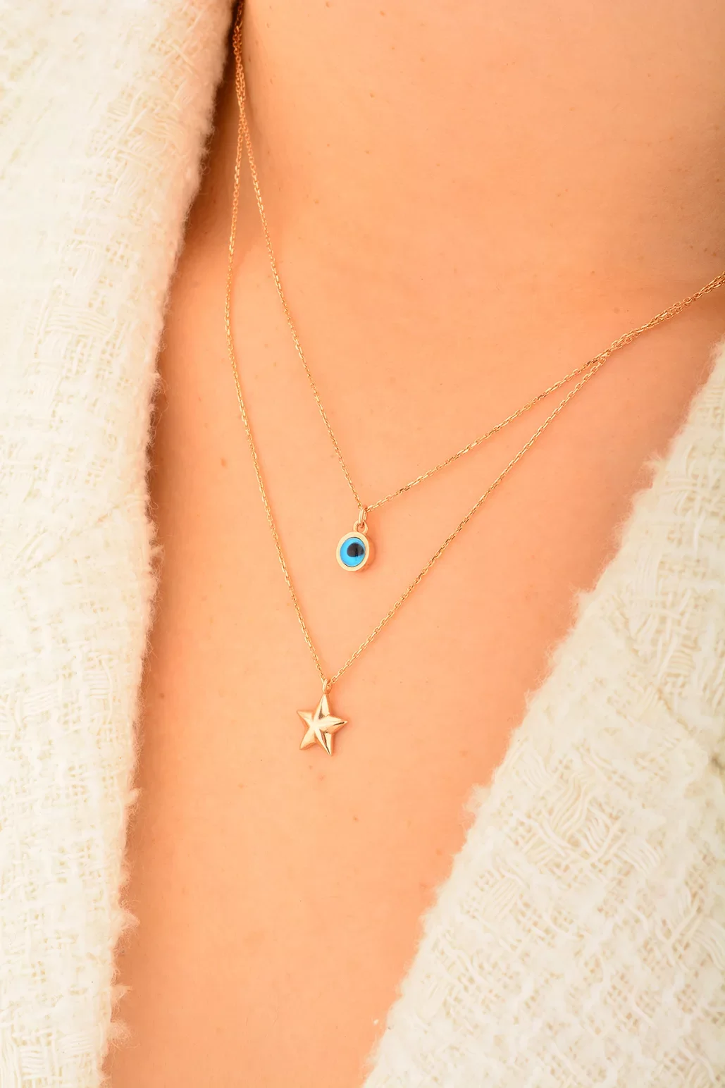 Cebeci 14 Ayar Rose Yıldız Göz Boncuklu Altın Kolye