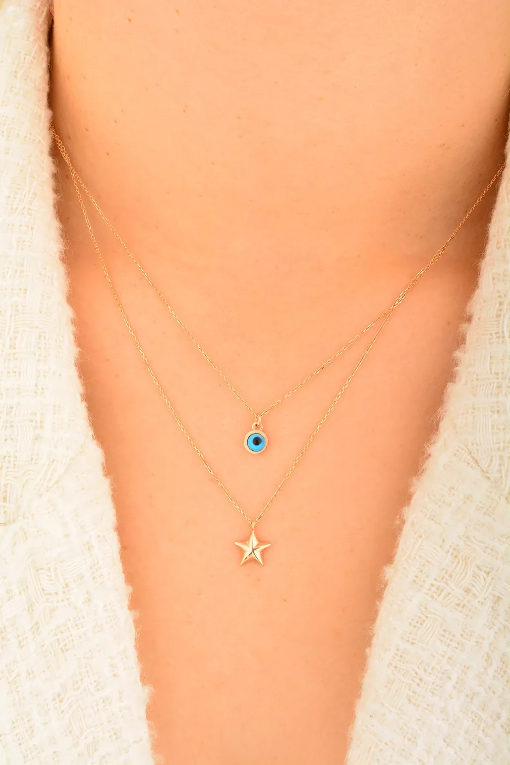 Cebeci 14 Ayar Rose Yıldız Göz Boncuklu Altın Kolye