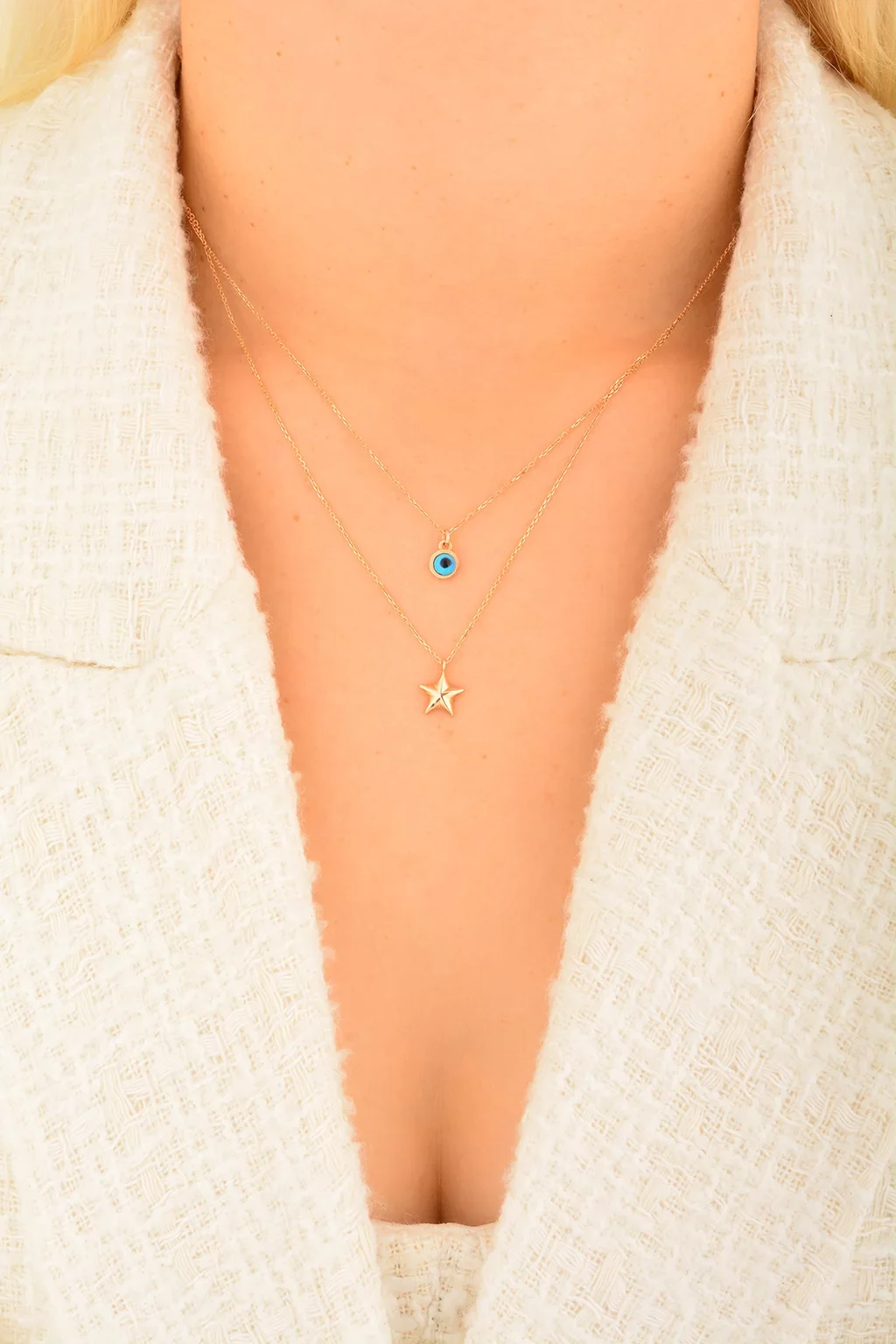 Cebeci 14 Ayar Rose Yıldız Göz Boncuklu Altın Kolye