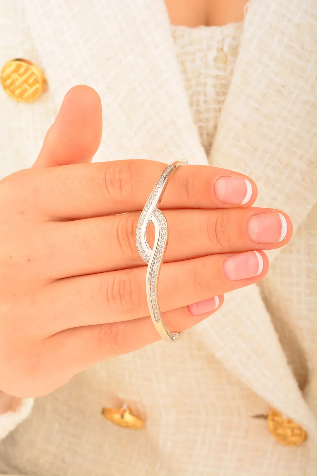 Cebeci 14 Ayar Taşlı Beyaz Altın Bilezik