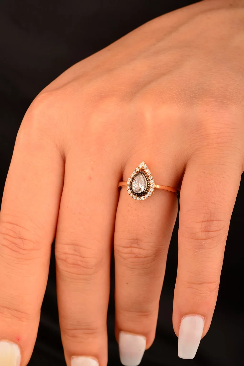 Cebeci 14 Ayar Taşlı Su Damlası Rose Altın Yüzük