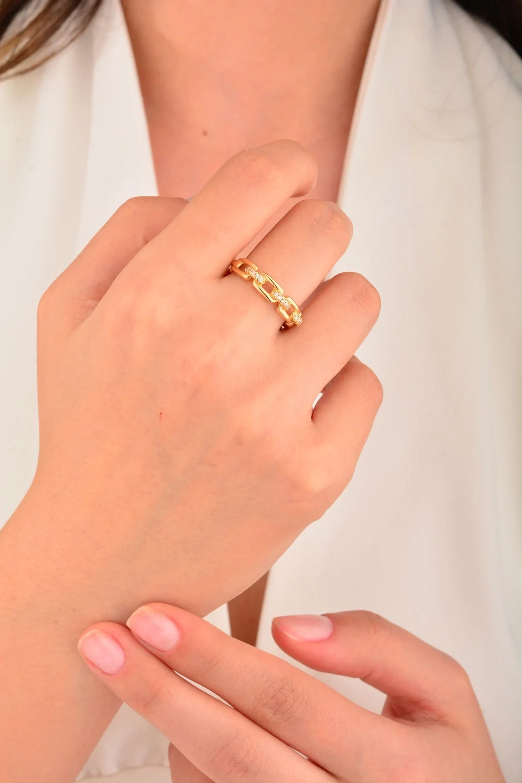 Cebeci 14 Ayar Taşlı Altın Zincir Yüzük