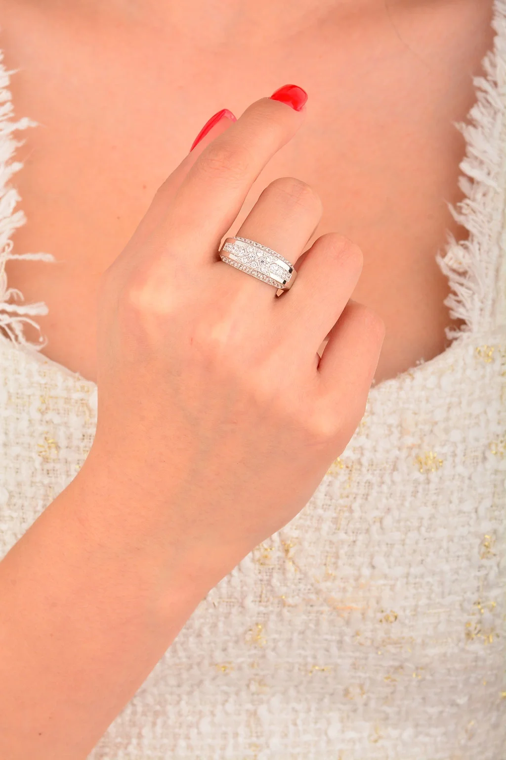 Cebeci 14 Ayar Beyaz Altın Fantazi Yüzük