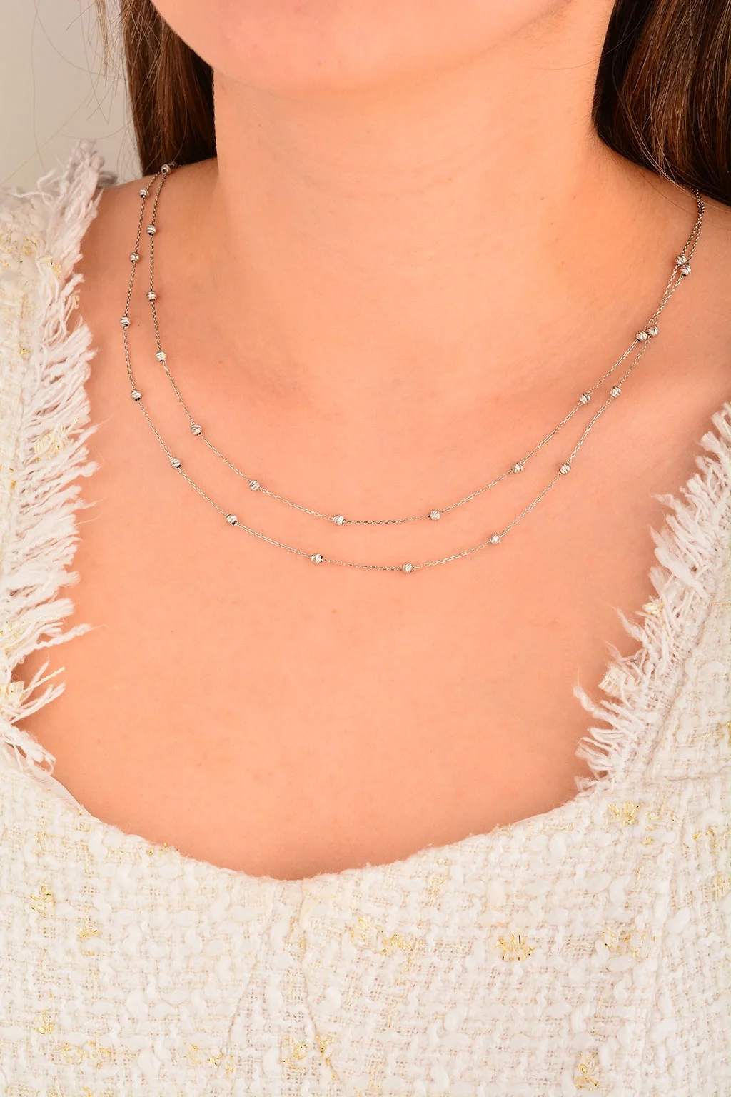 Cebeci 14 Ayar Dorika Toplu Beyaz Altın Kolye