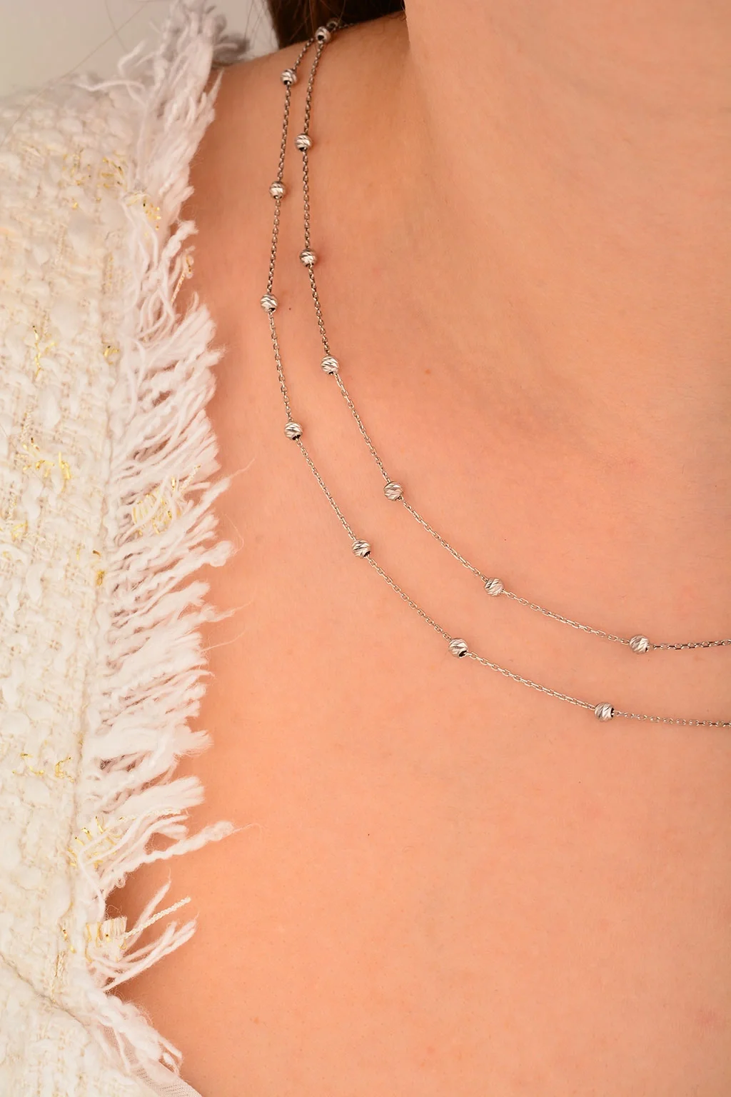 Cebeci 14 Ayar Dorika Toplu Beyaz Altın Kolye