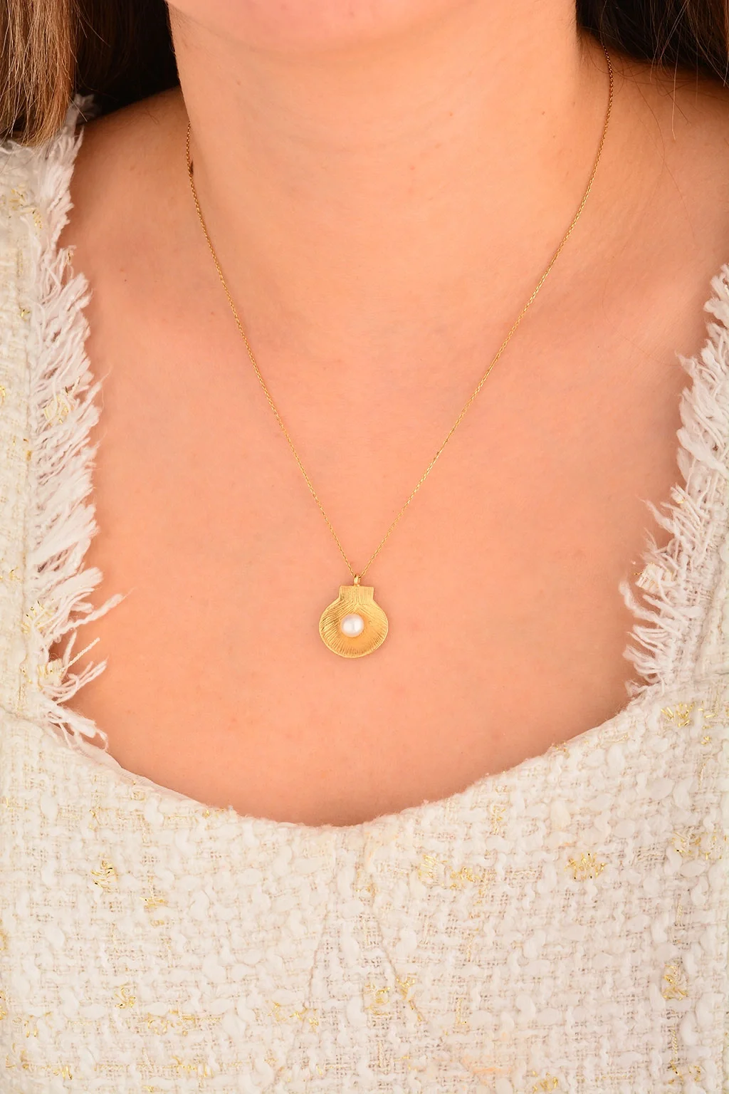 Cebeci 14 Ayar İncili Deniz Kabuğu Altın Kolye