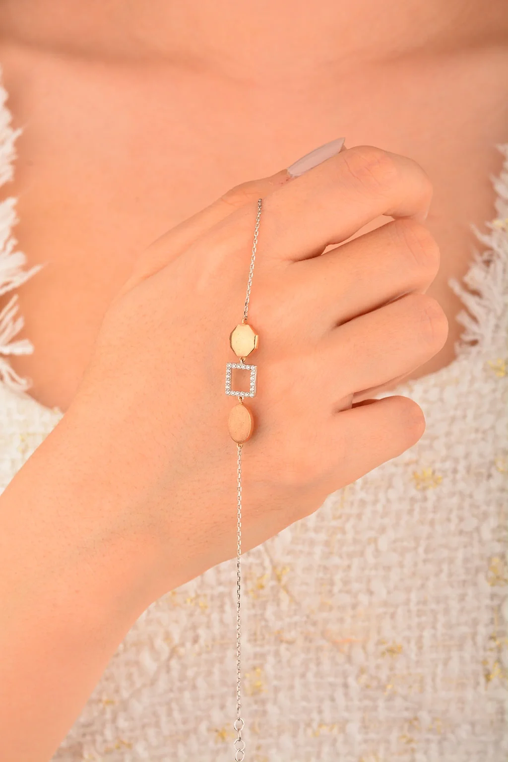 Cebeci 14 Ayar Taşlı Çerçeve Renkli Altın Bileklik