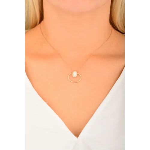 Cebeci 14 Ayar Beyaz Oval Rose Altın Kolye